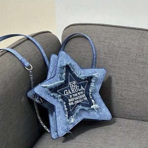 Oxford Cloth Denim Blue Pentagram Casual Backpack