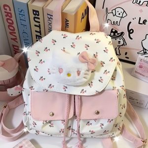 SANRIO Licensed Floral Canvas Backpack with Hello Kitty Design, Large Capacity Versatile Shoulder Bag, Durable Polyester Fabric, Easy Care - Pink