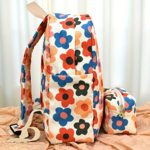 2pcs  Mini Corduroy Flower Backpacks, Small Travel Shoulder Bag with Pencil Case for Women and Girls